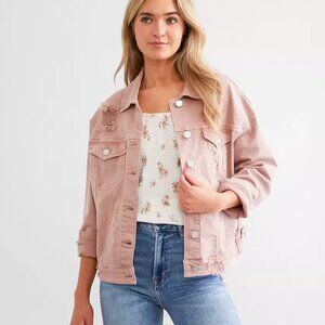 Risen Jacket Womens Large Mauve Pink Deconstructed Distressed Denim Trucker NWT